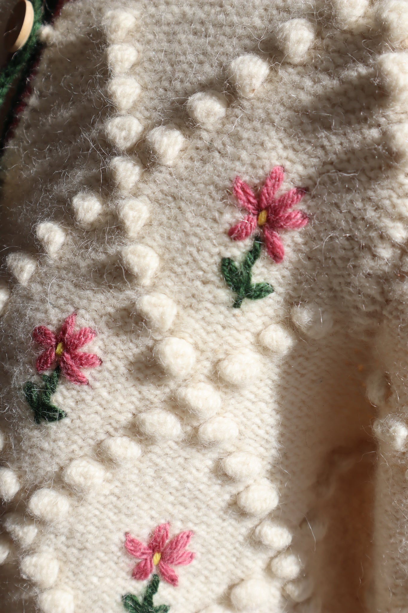 70s Hand Knit Pink Flower Embroidery Austrian Cardigan