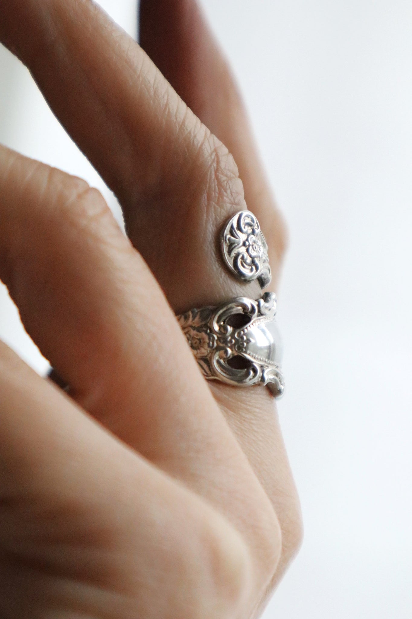 70s Sterling Silver Floral Spoon Ring 9号
