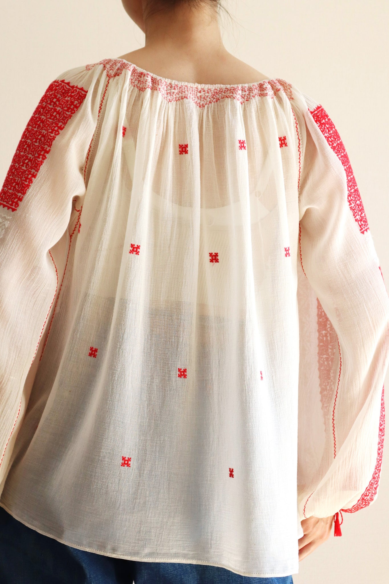 1940s Red Embroidery Romanian Blouse