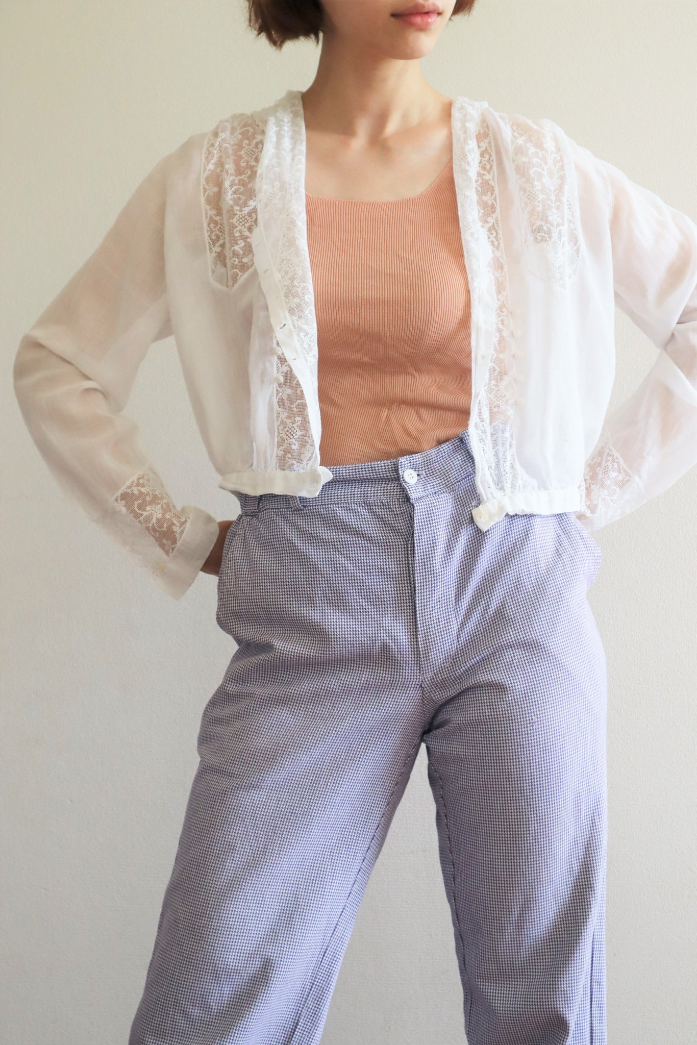 80s White And Purple Staggered Cotton Pants