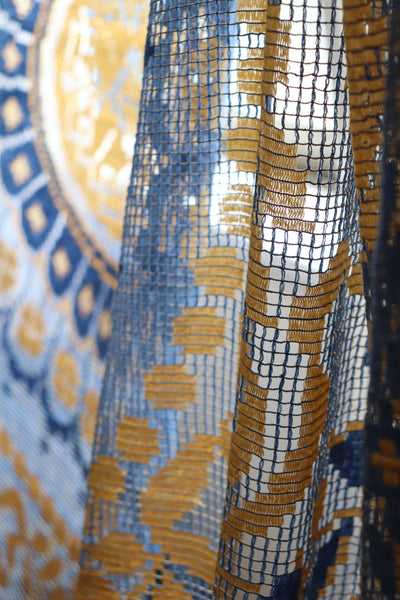 1920s Large Filet Lace Tablecloth, Blue & Gold