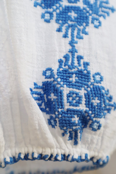 1940s Blue Embroidery Cotton Gauze Romanian Blouse