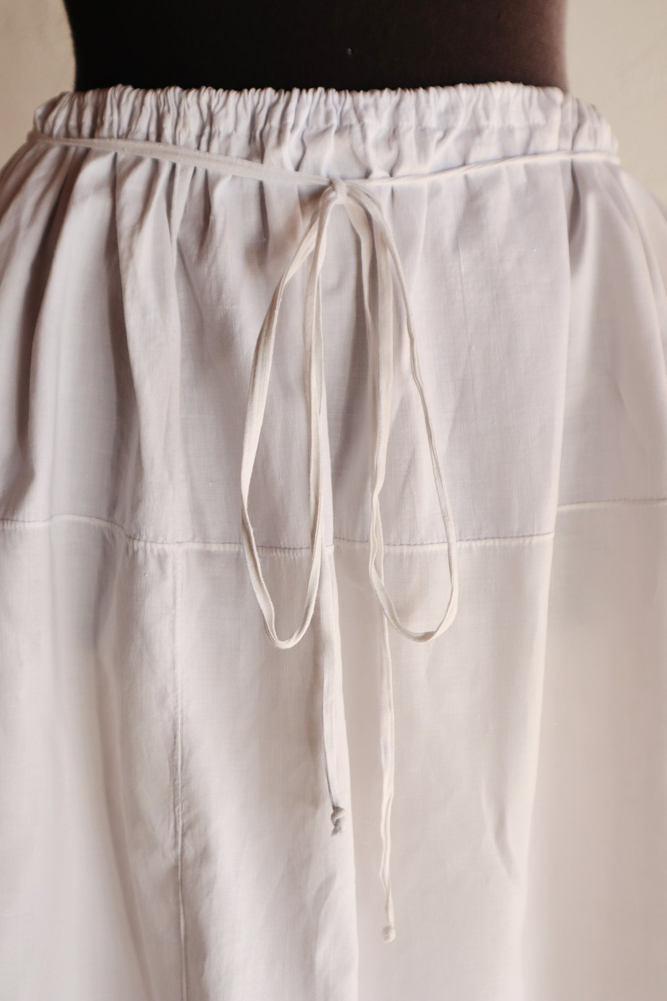 1900s White Cotton Drrawstring Skirt with Hand Cutwork