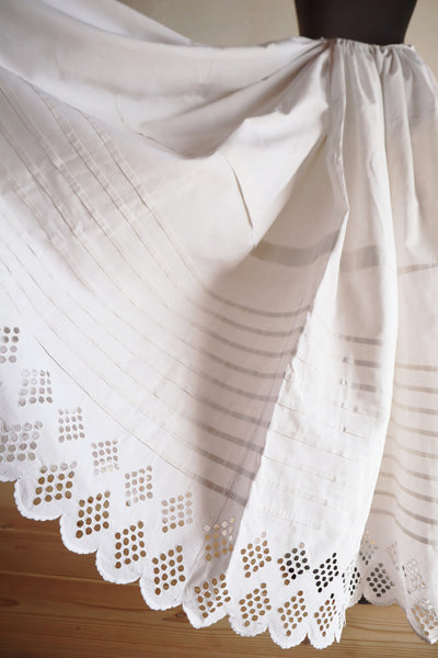 1900s White Cotton Drrawstring Skirt with Hand Cutwork