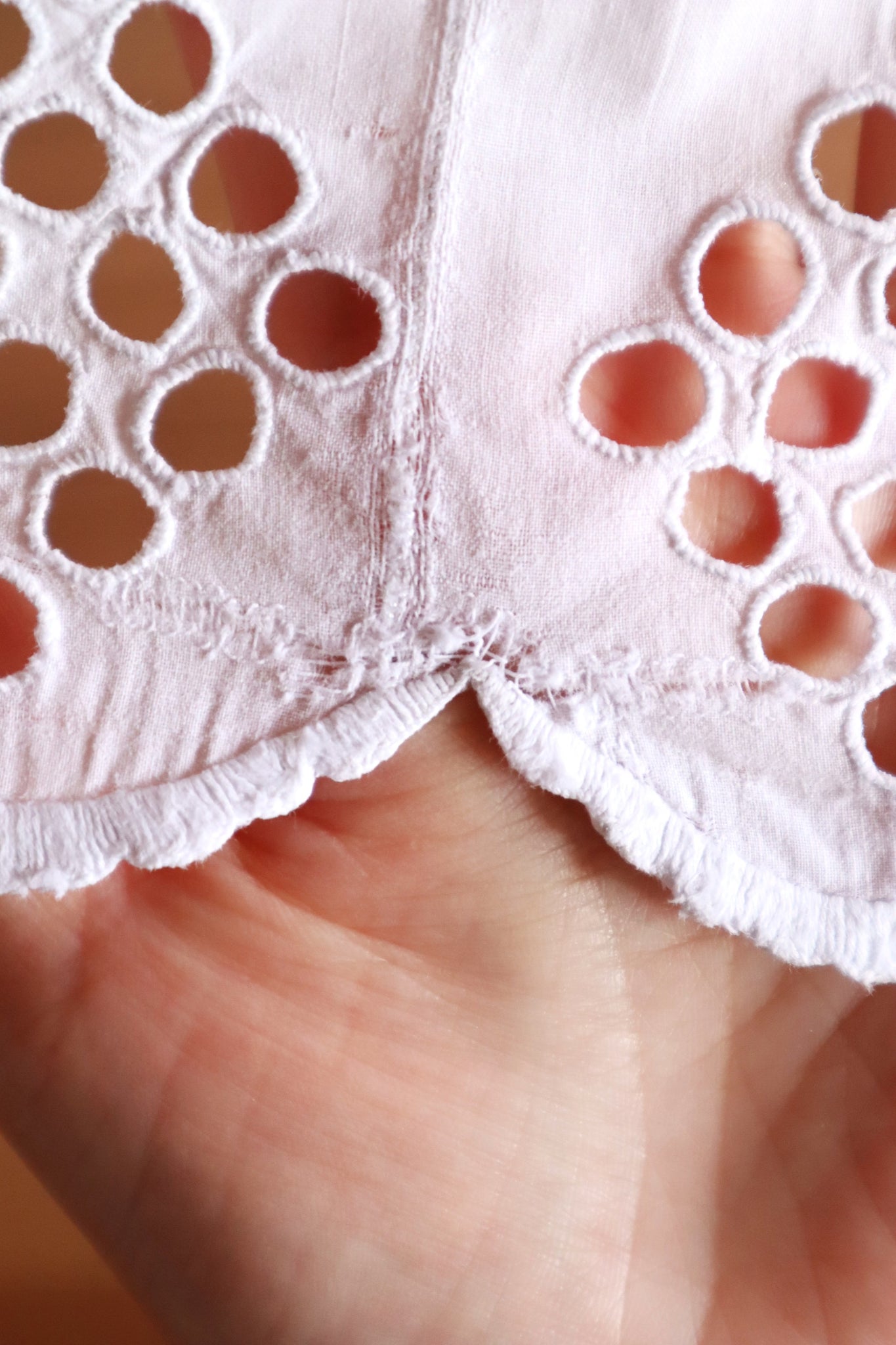 1900s White Cotton Drrawstring Skirt with Hand Cutwork
