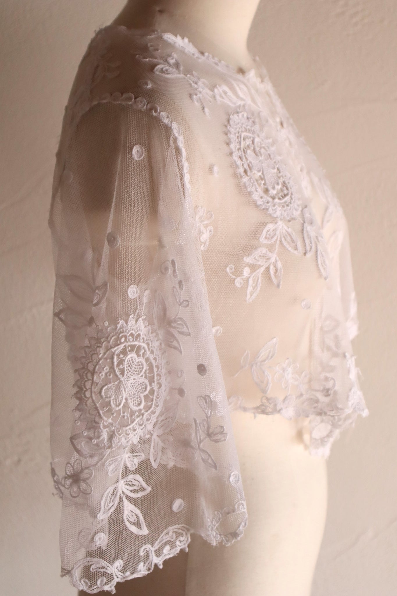 1900s Edwardian English Cotton Tulle Lace Tambour Embroidered Jacket