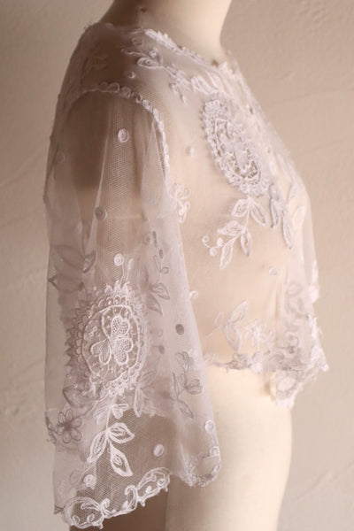 1900s Edwardian English Cotton Tulle Lace Tambour Embroidered Jacket