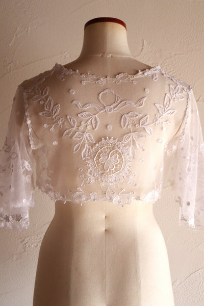 1900s Edwardian English Cotton Tulle Lace Tambour Embroidered Jacket