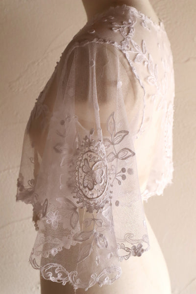 1900s Edwardian English Cotton Tulle Lace Tambour Embroidered Jacket
