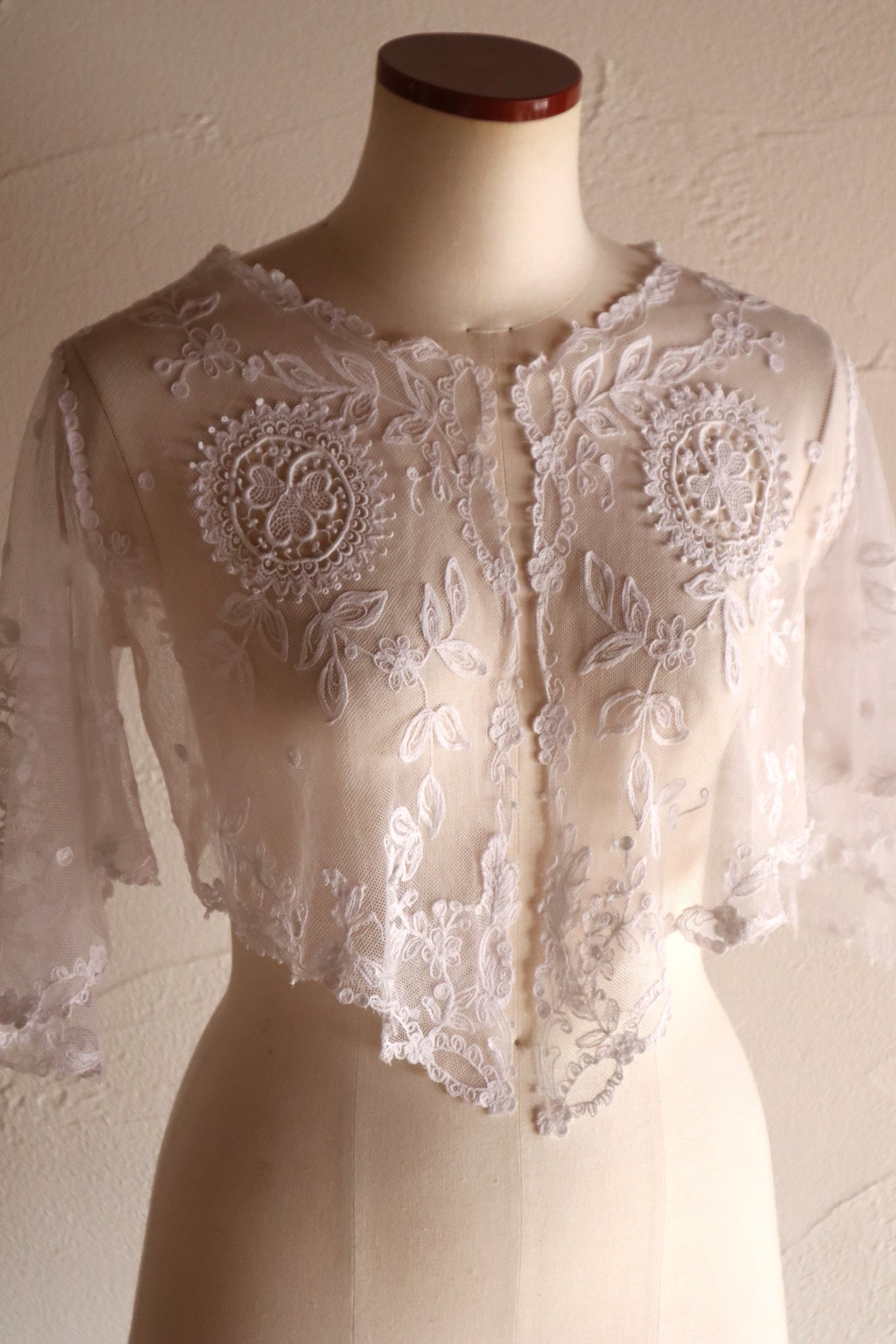 1900s Edwardian English Cotton Tulle Lace Tambour Embroidered Jacket