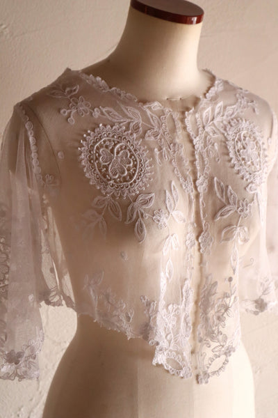 1900s Edwardian English Cotton Tulle Lace Tambour Embroidered Jacket