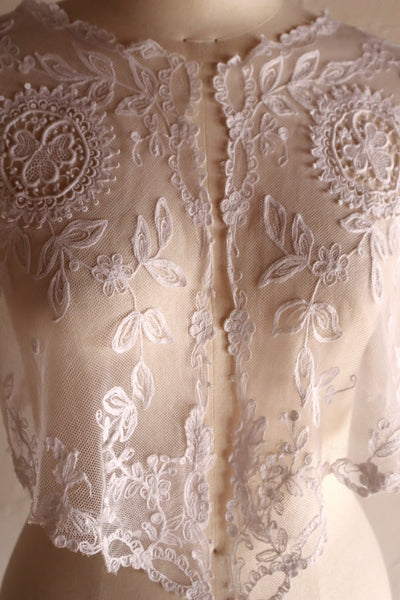 1900s Edwardian English Cotton Tulle Lace Tambour Embroidered Jacket