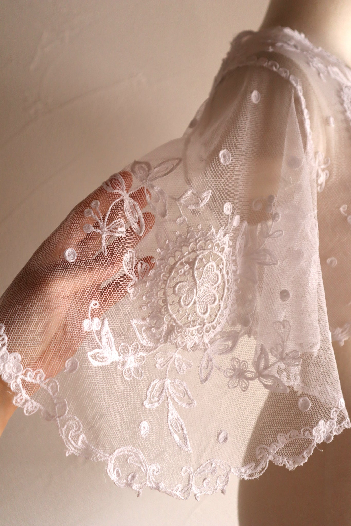 1900s Edwardian English Cotton Tulle Lace Tambour Embroidered Jacket