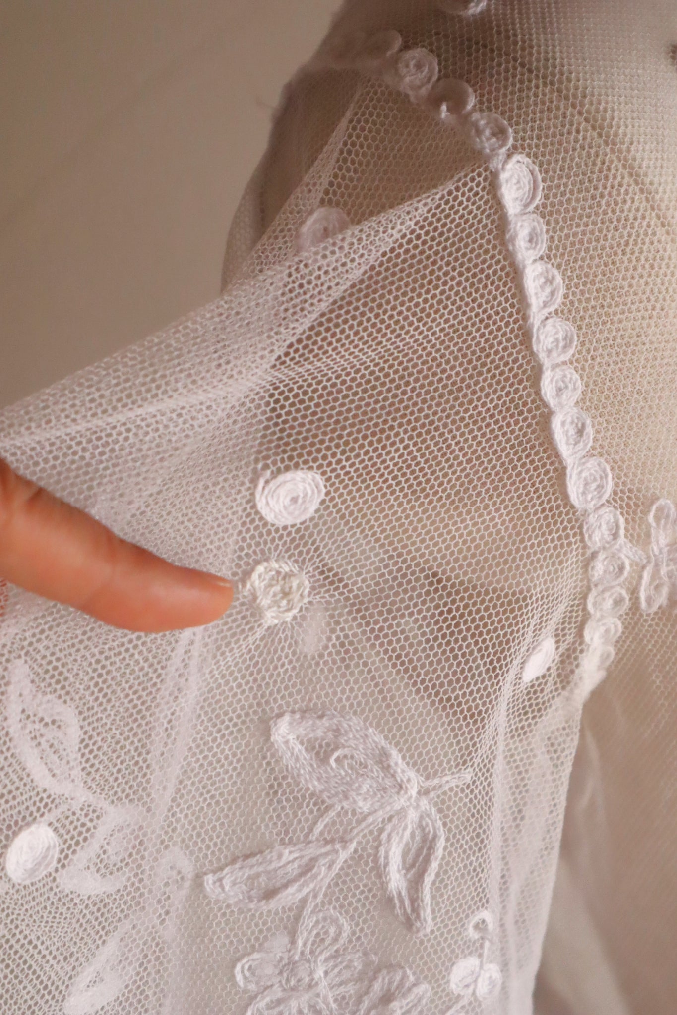 1900s Edwardian English Cotton Tulle Lace Tambour Embroidered Jacket