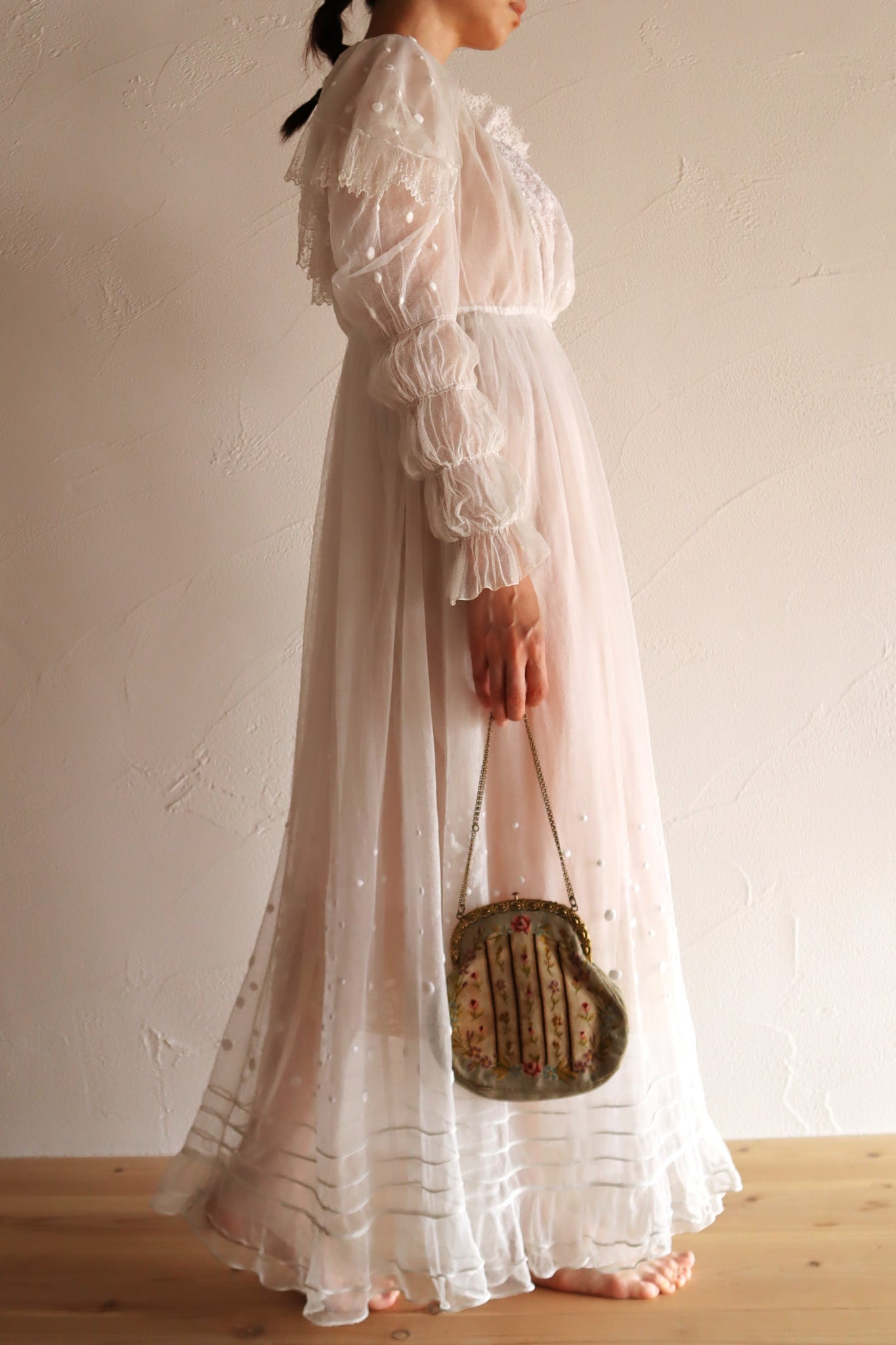 1890s–1900s Cotton Tulle Embroidered Cape Collar Dress