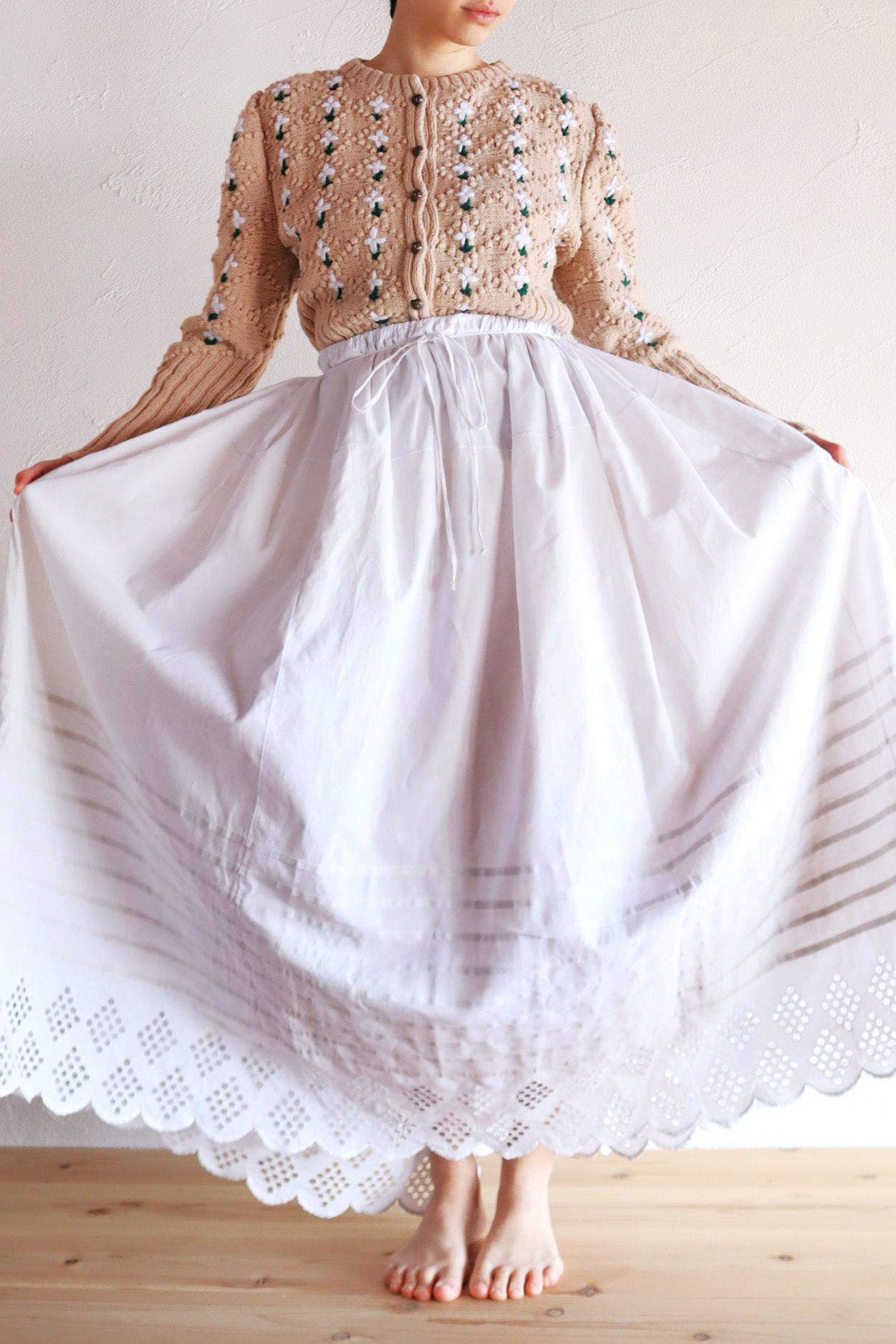 1900s White Cotton Drrawstring Skirt with Hand Cutwork