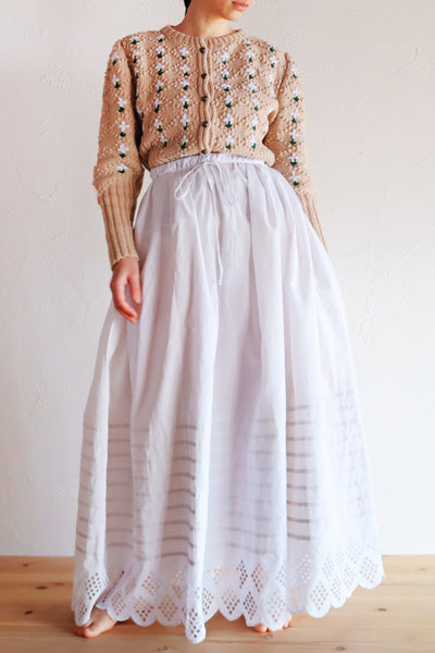 1900s White Cotton Drrawstring Skirt with Hand Cutwork