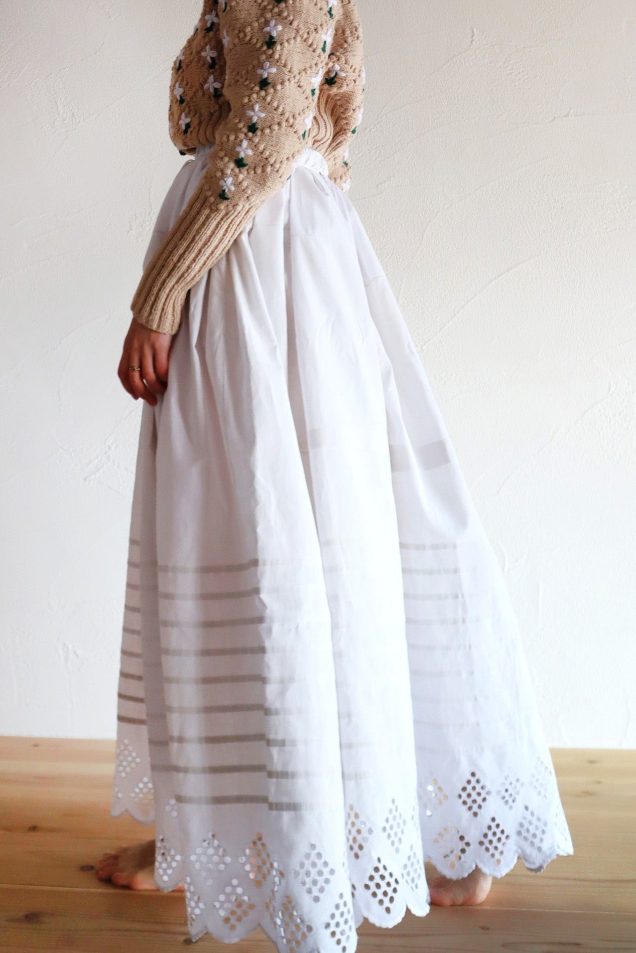 1900s White Cotton Drrawstring Skirt with Hand Cutwork