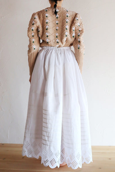 1900s White Cotton Drrawstring Skirt with Hand Cutwork