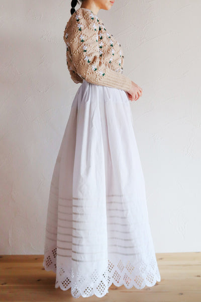 1900s White Cotton Drrawstring Skirt with Hand Cutwork