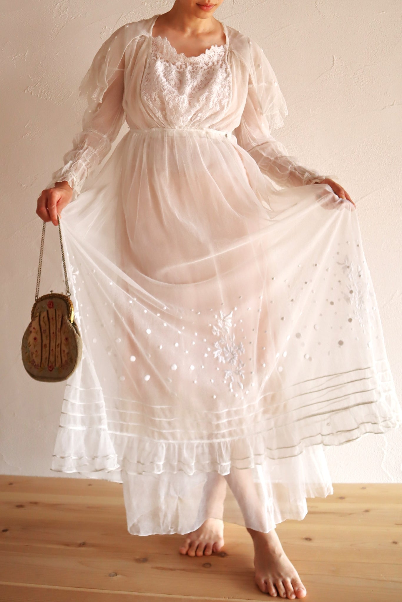 1890s–1900s Cotton Tulle Embroidered Cape Collar Dress