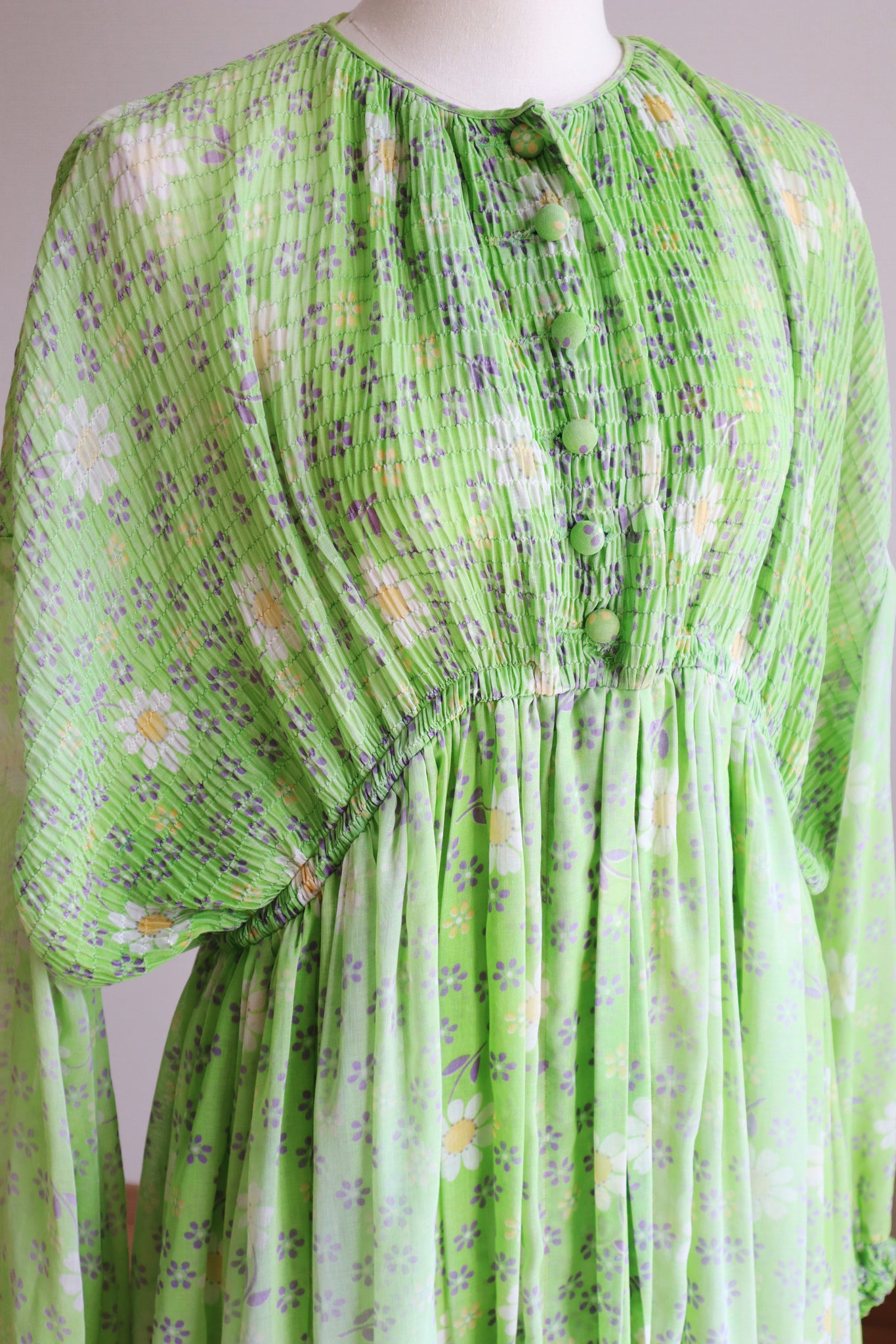 60s Green Floral Sheer Dress