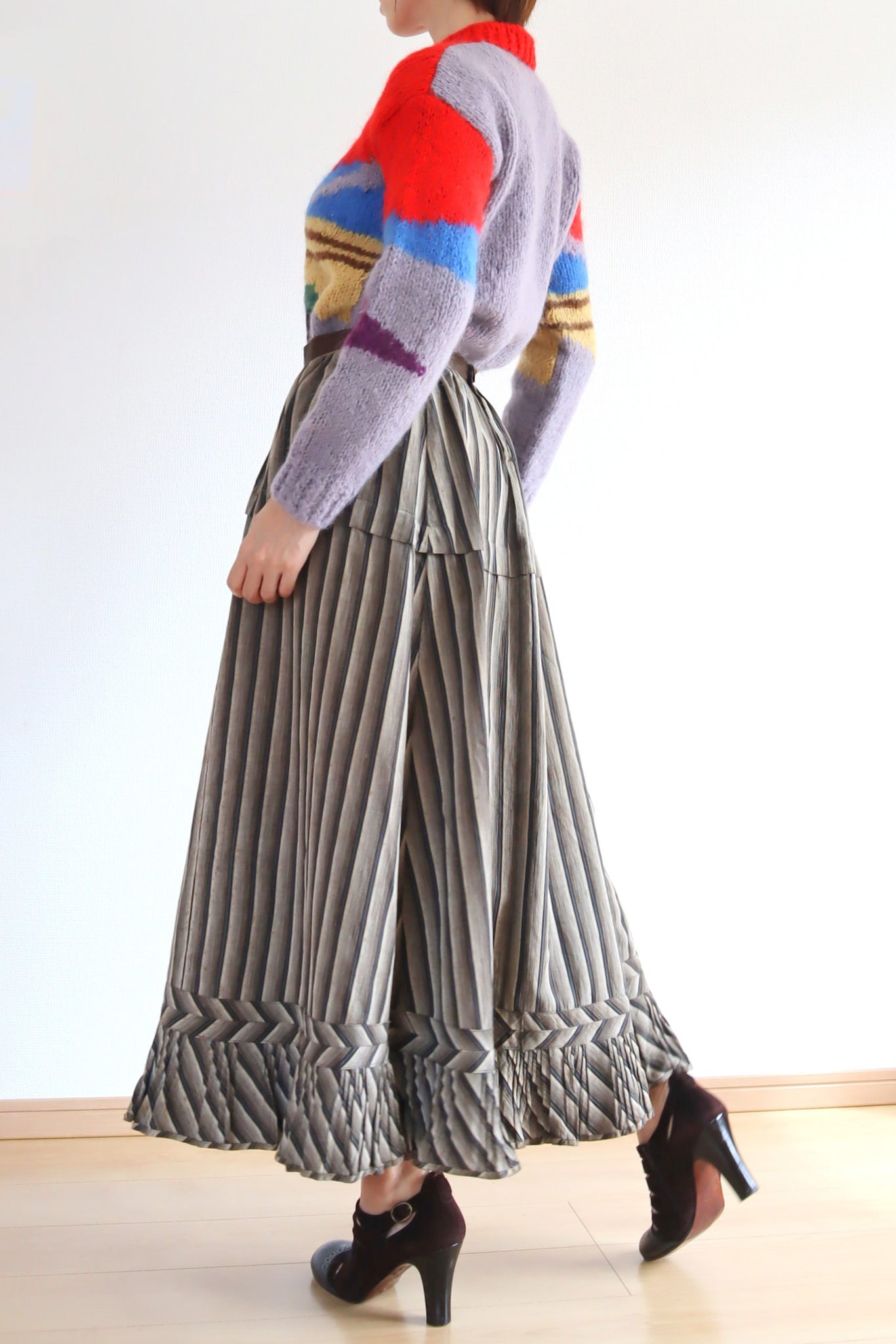 1900s Brown Striped Pleated Ruffle Skirt