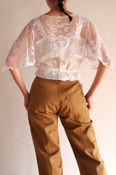 1900s Edwardian English Cotton Tulle Lace Tambour Embroidered Jacket