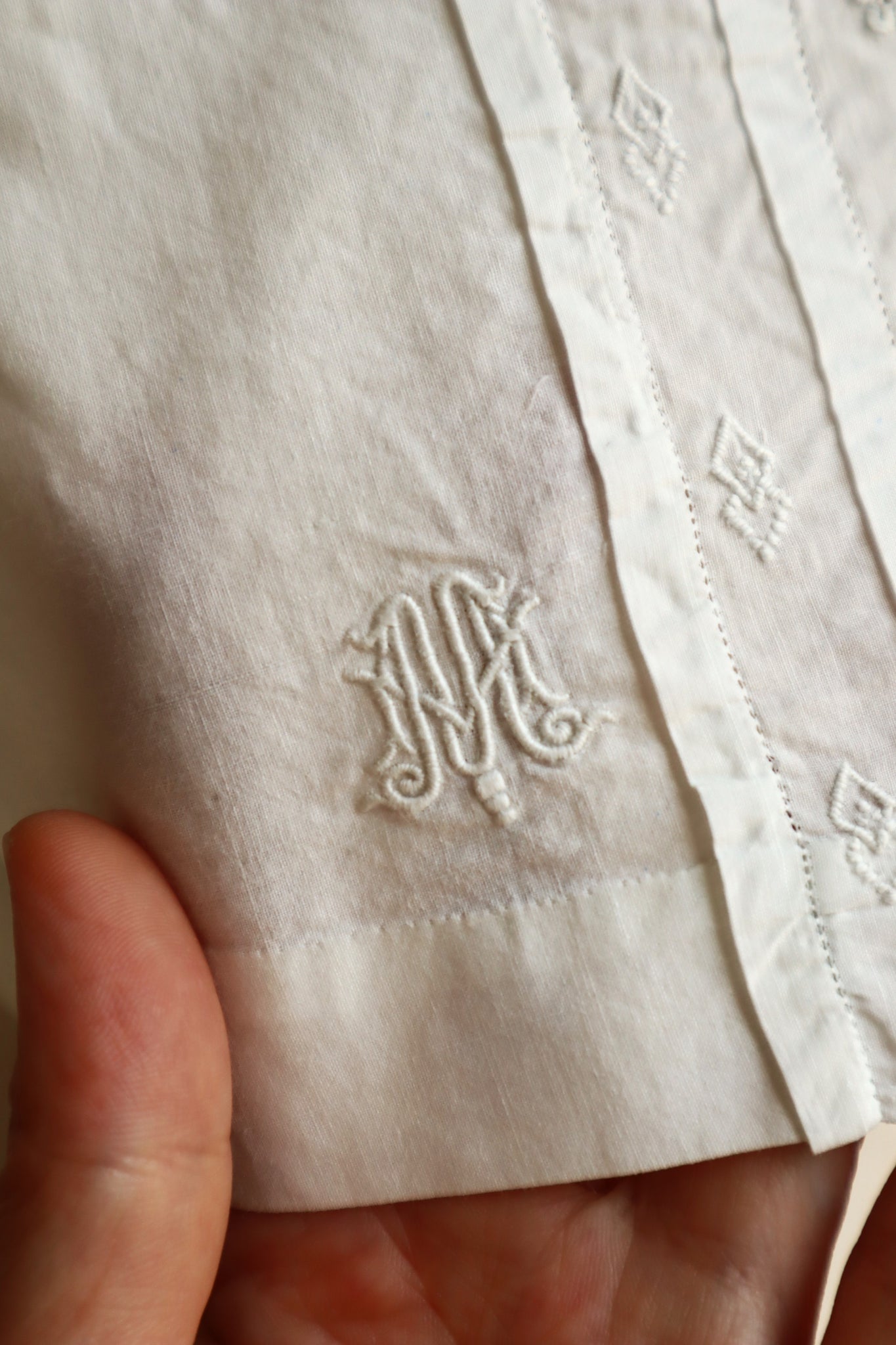 1900s Hand Embroidered Whitework Cotton Blouse with Monogram