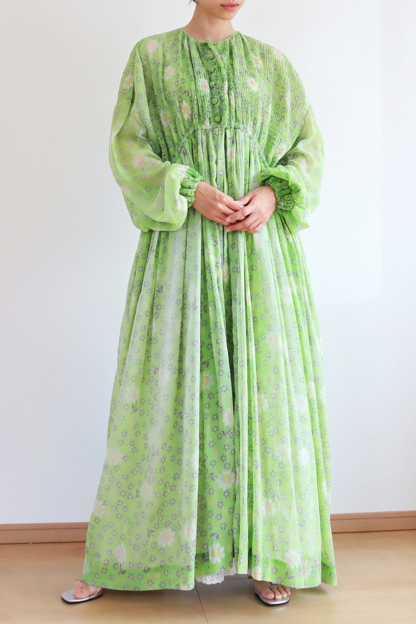 60s Green Floral Sheer Dress