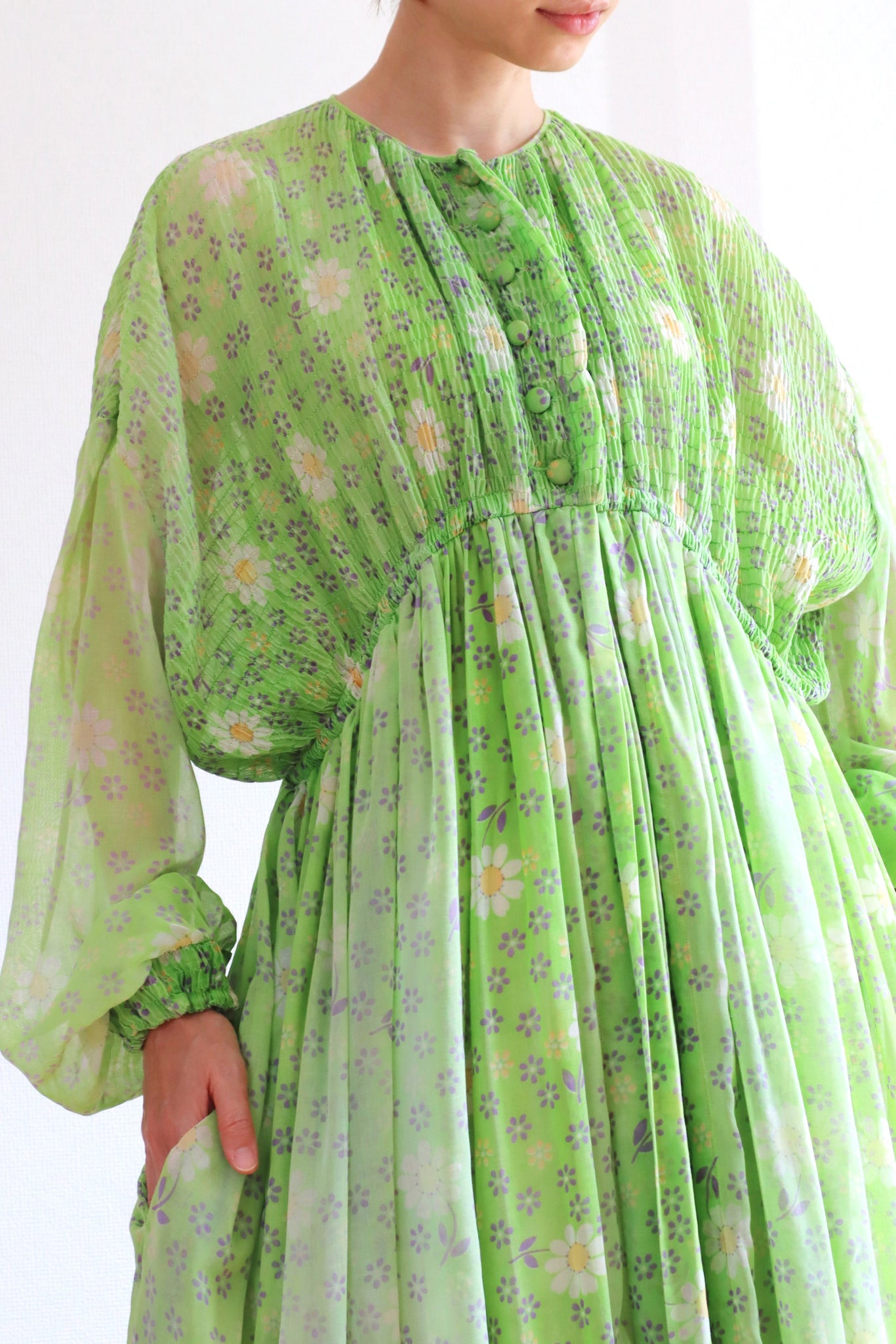 60s Green Floral Sheer Dress