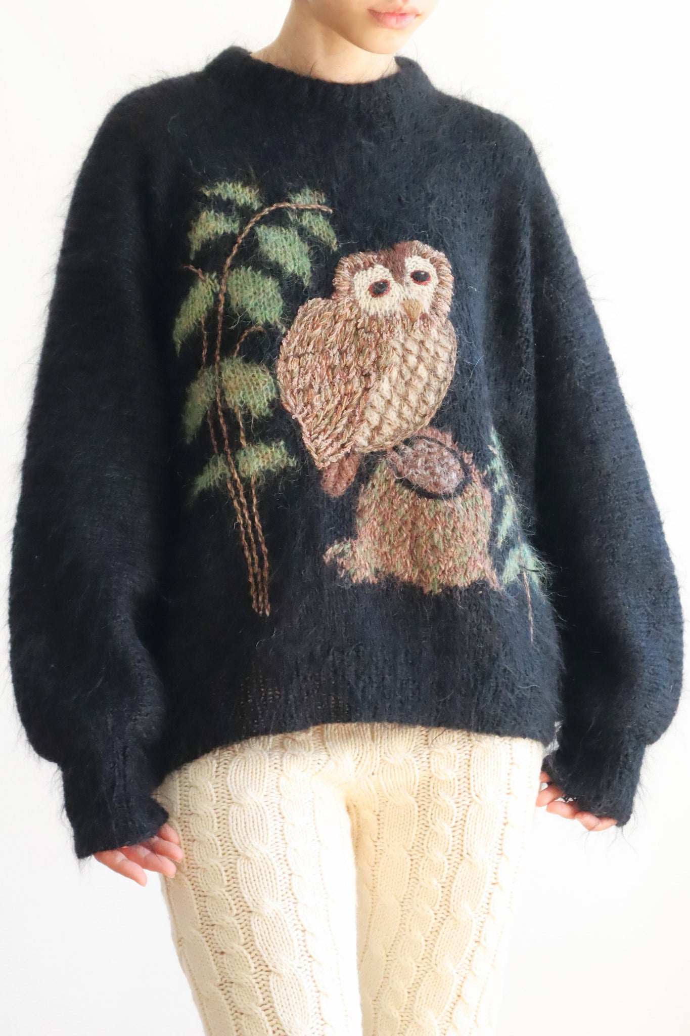 80s Hand Knit Owl Mohair Sweater