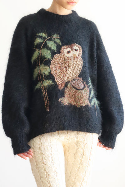 80s Hand Knit Owl Mohair Sweater