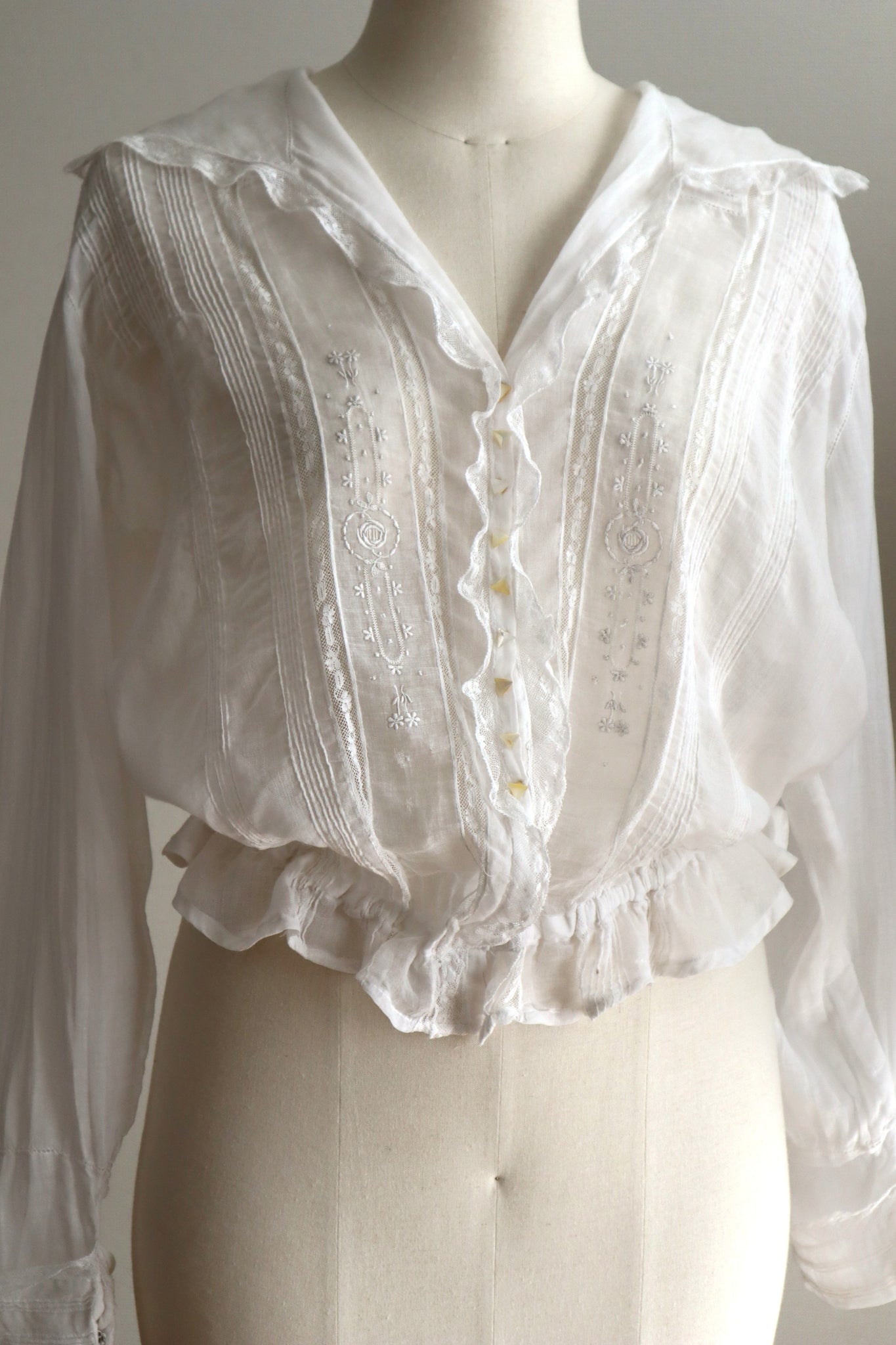 1910s Sheer White Cotton Blouse with Sailor Collar