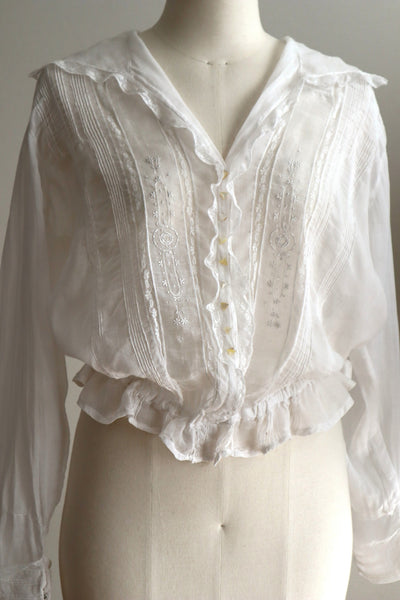1910s Sheer White Cotton Blouse with Sailor Collar