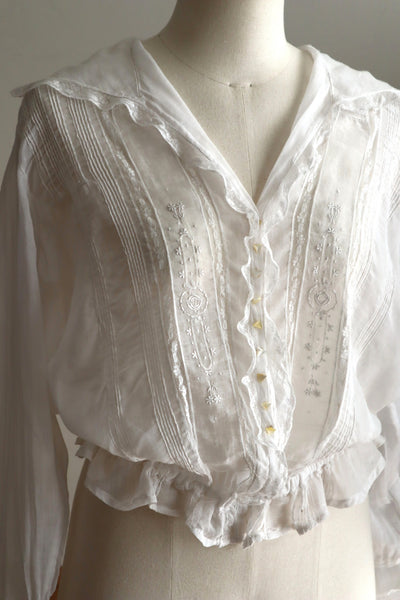 1910s Sheer White Cotton Blouse with Sailor Collar