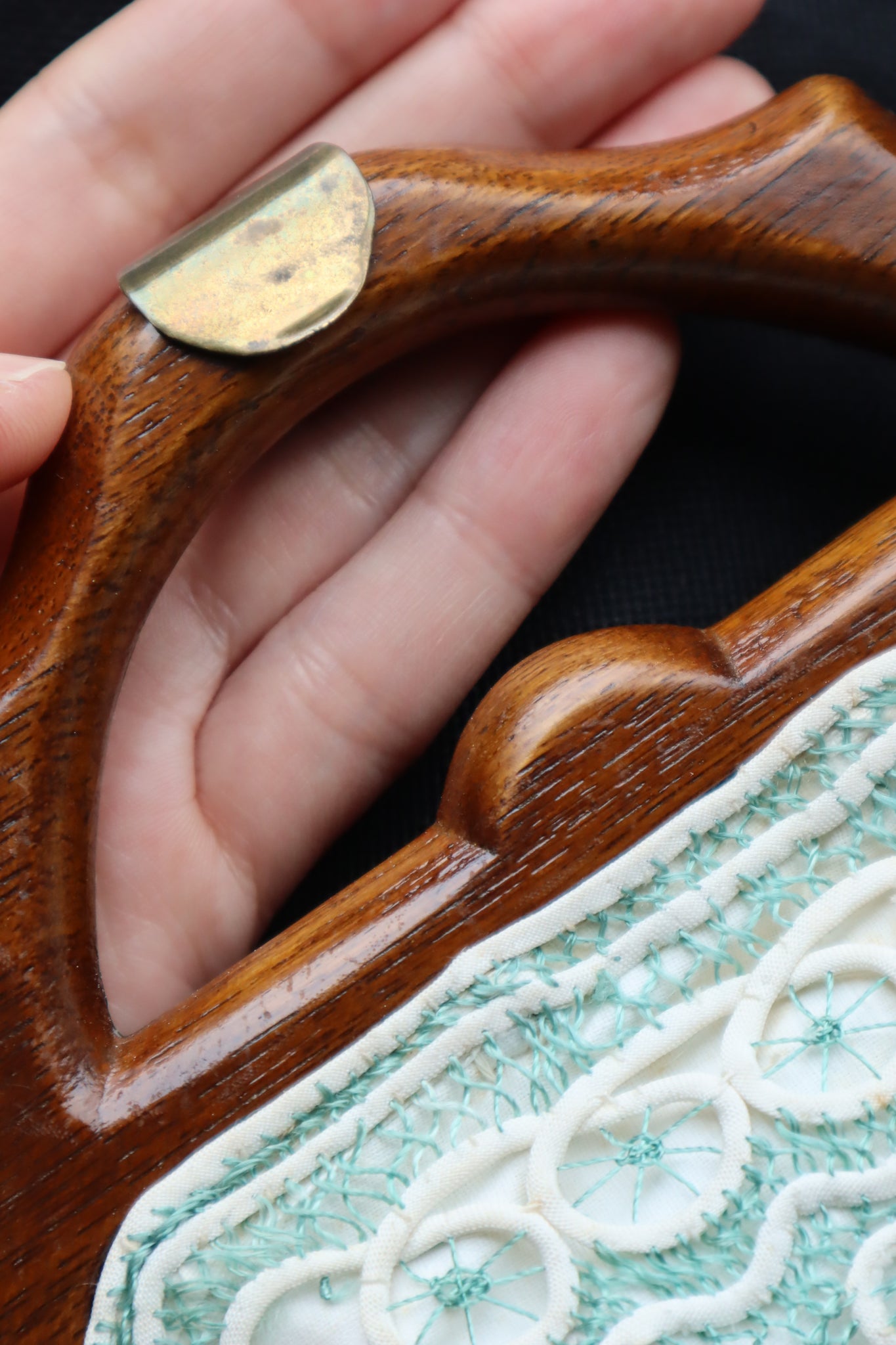 1930s Hand Embroidery Wooden Handle Bag