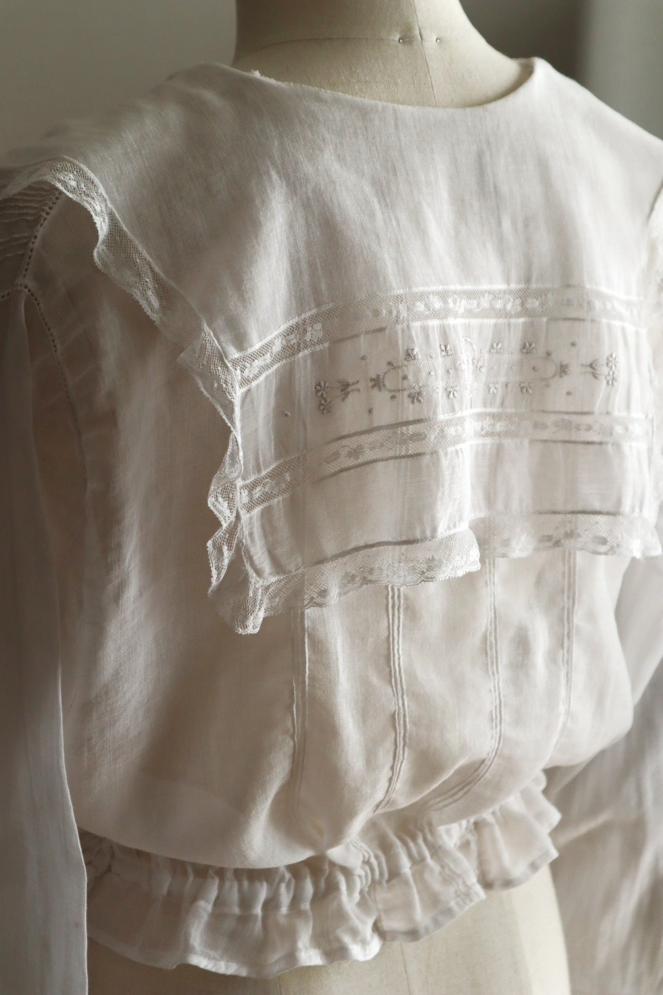 1910s Sheer White Cotton Blouse with Sailor Collar