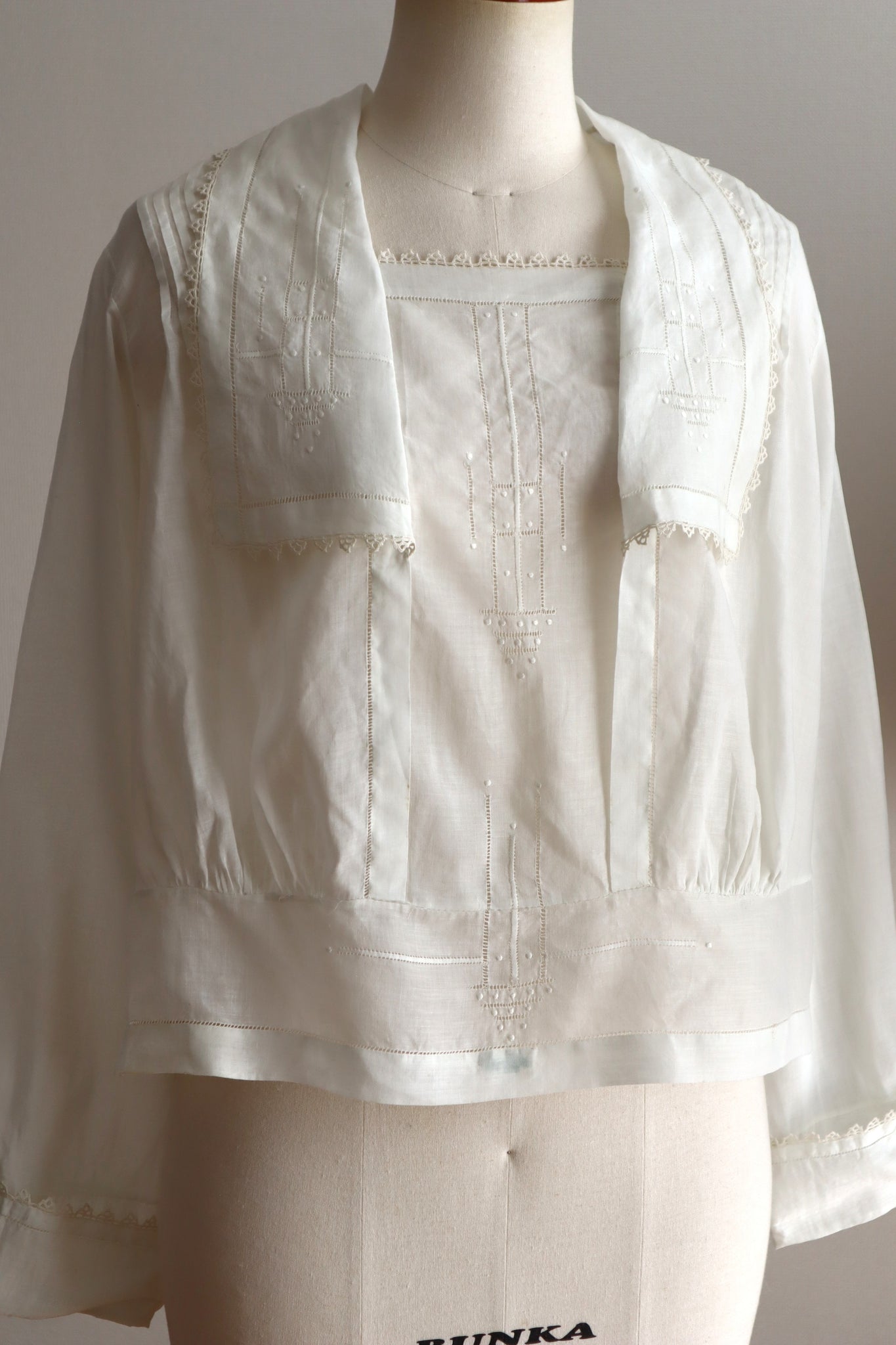 1910s Hand-Sewn White Cotton Drawnwork Sailor Blouse