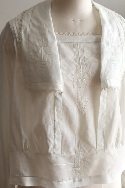 1910s Hand-Sewn White Cotton Drawnwork Sailor Blouse