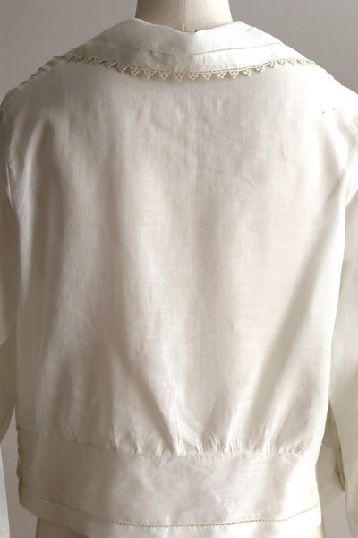 1910s Hand-Sewn White Cotton Drawnwork Sailor Blouse