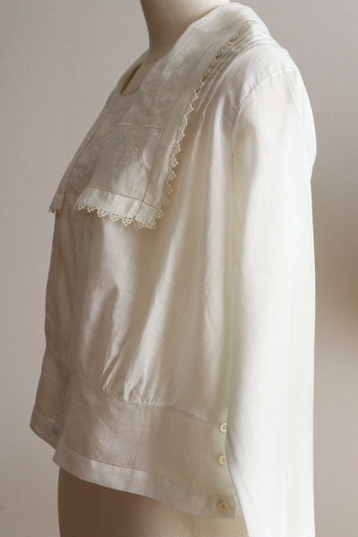1910s Hand-Sewn White Cotton Drawnwork Sailor Blouse