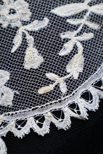 1880s–1900s Victorian Brussels Appliqué Lace Fall Cap