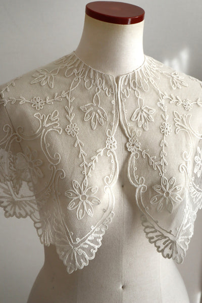 1920s French Tambour Embroidered Cotton Tulle Cape Collar