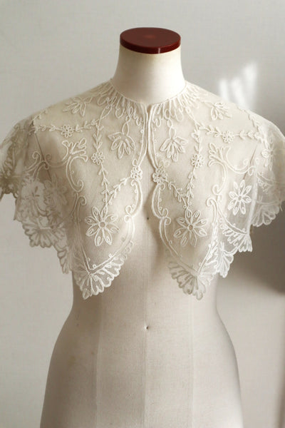 1920s French Tambour Embroidered Cotton Tulle Cape Collar