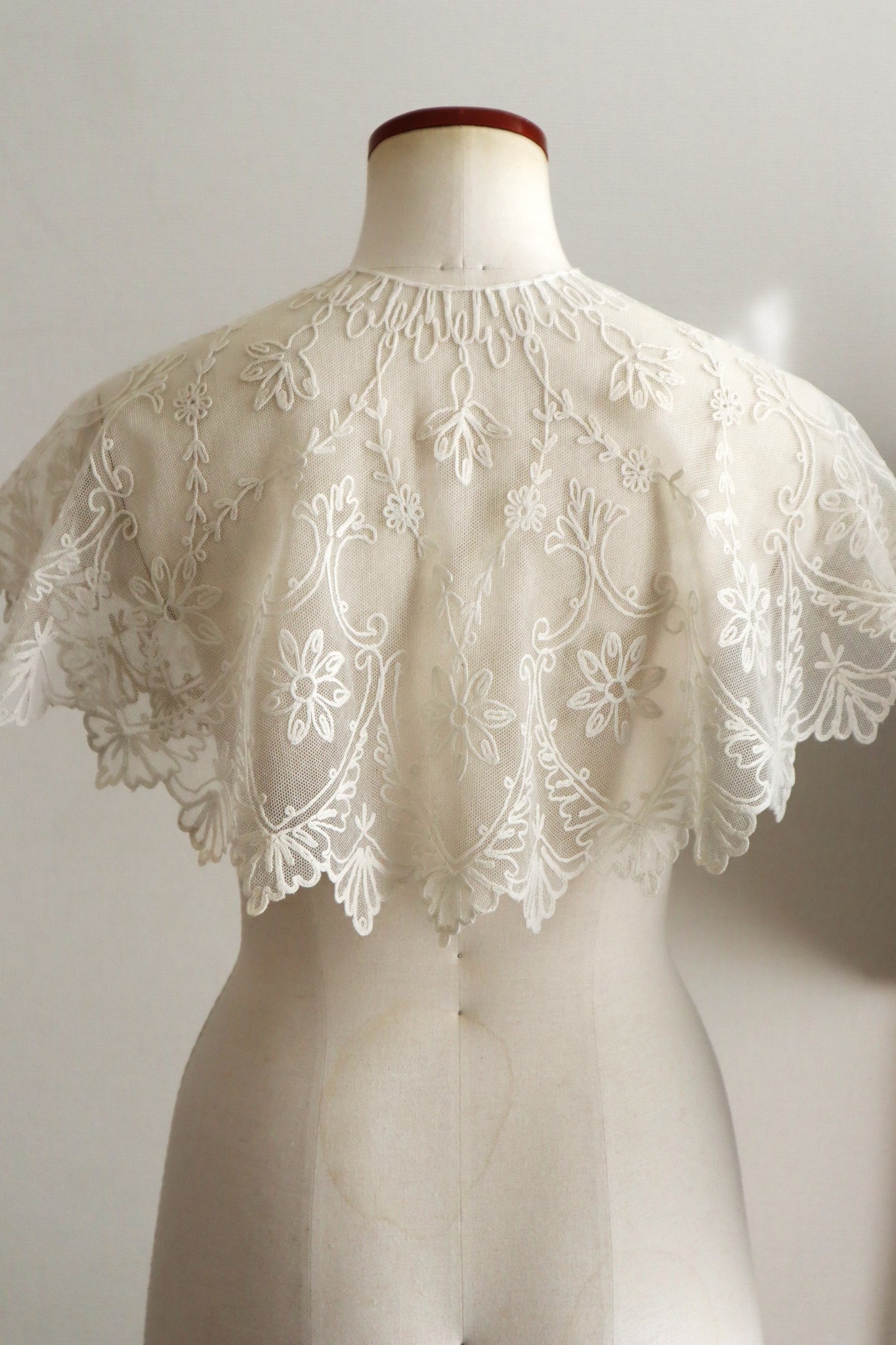 1920s French Tambour Embroidered Cotton Tulle Cape Collar