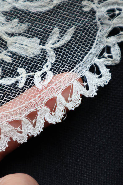 1880s–1900s Victorian Brussels Appliqué Lace Fall Cap