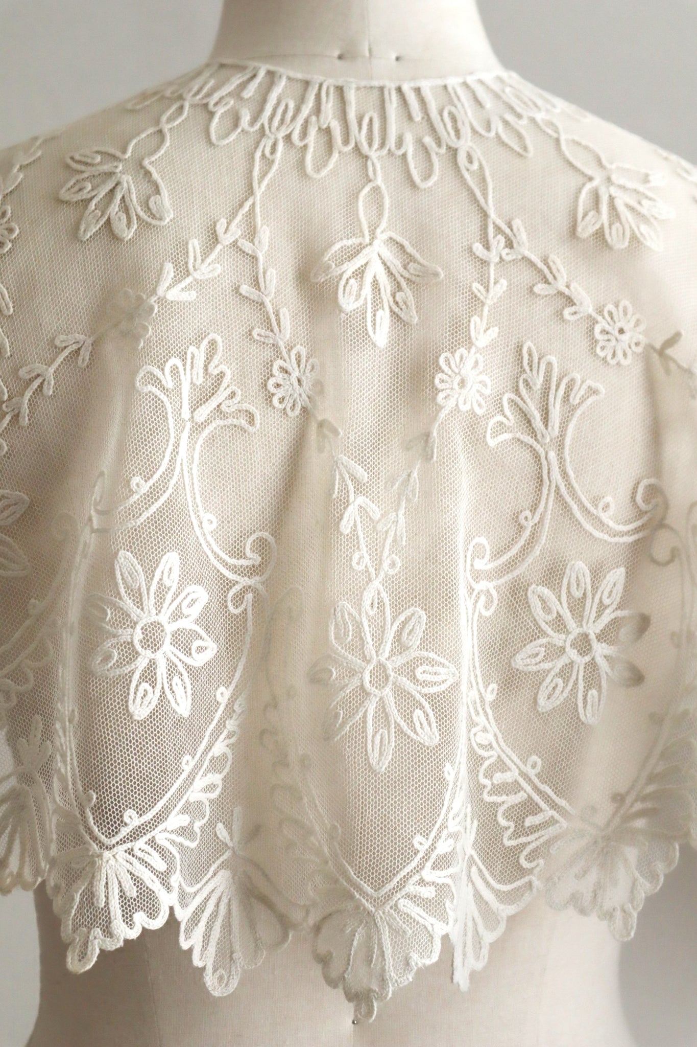 1920s French Tambour Embroidered Cotton Tulle Cape Collar