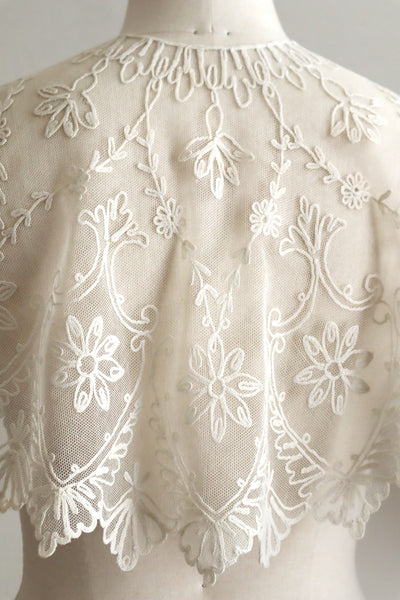 1920s French Tambour Embroidered Cotton Tulle Cape Collar