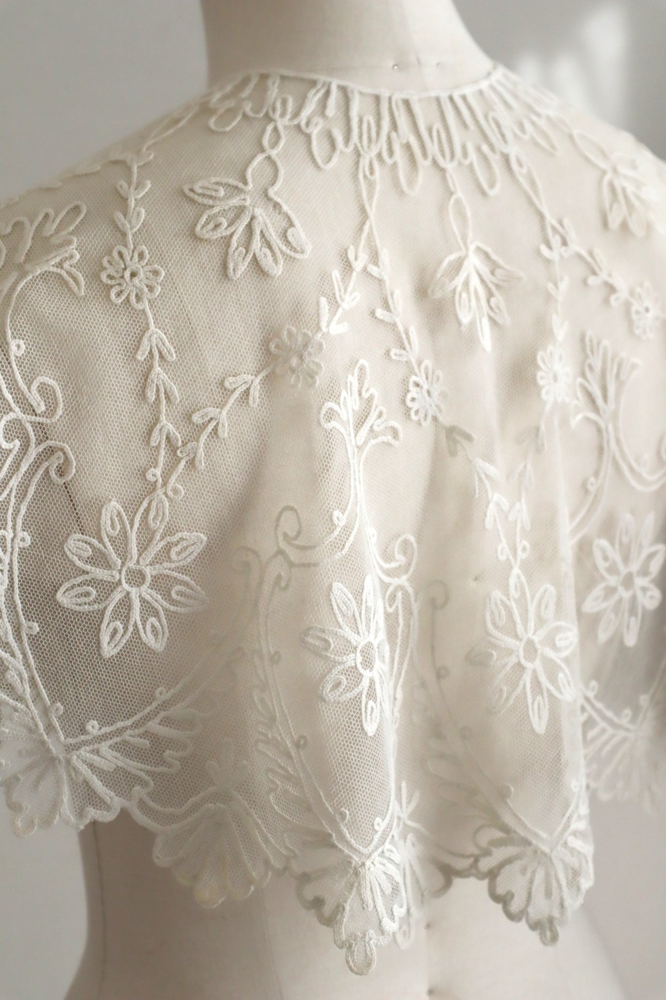 1920s French Tambour Embroidered Cotton Tulle Cape Collar